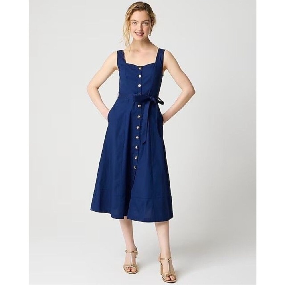 J. Crew Navy Button-Front Midi Dress with Tie Waist and Square Neck